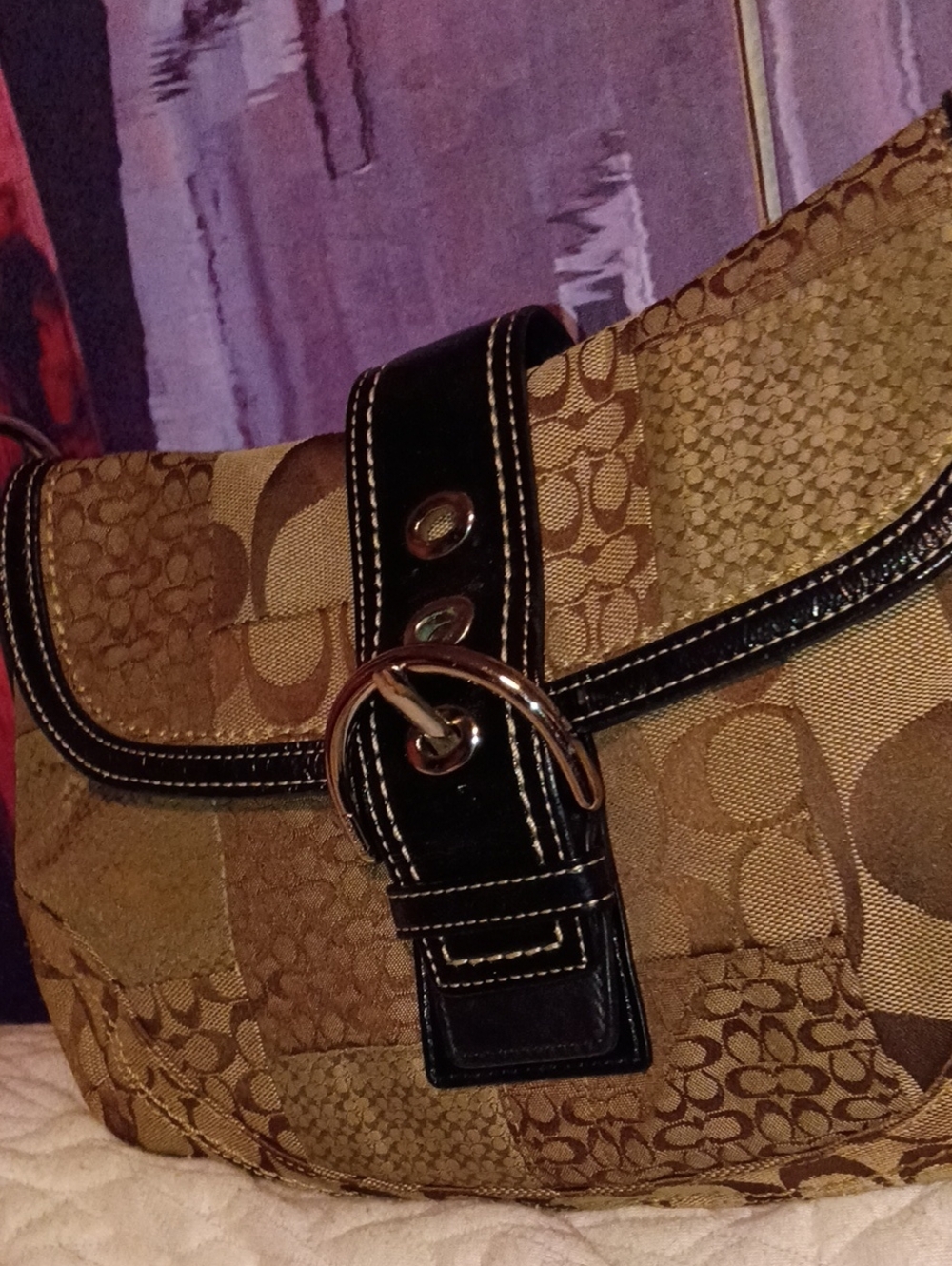 Coach Signature Patchwork Flap Hobo Bag Brown Black Leather Vintage Y2K